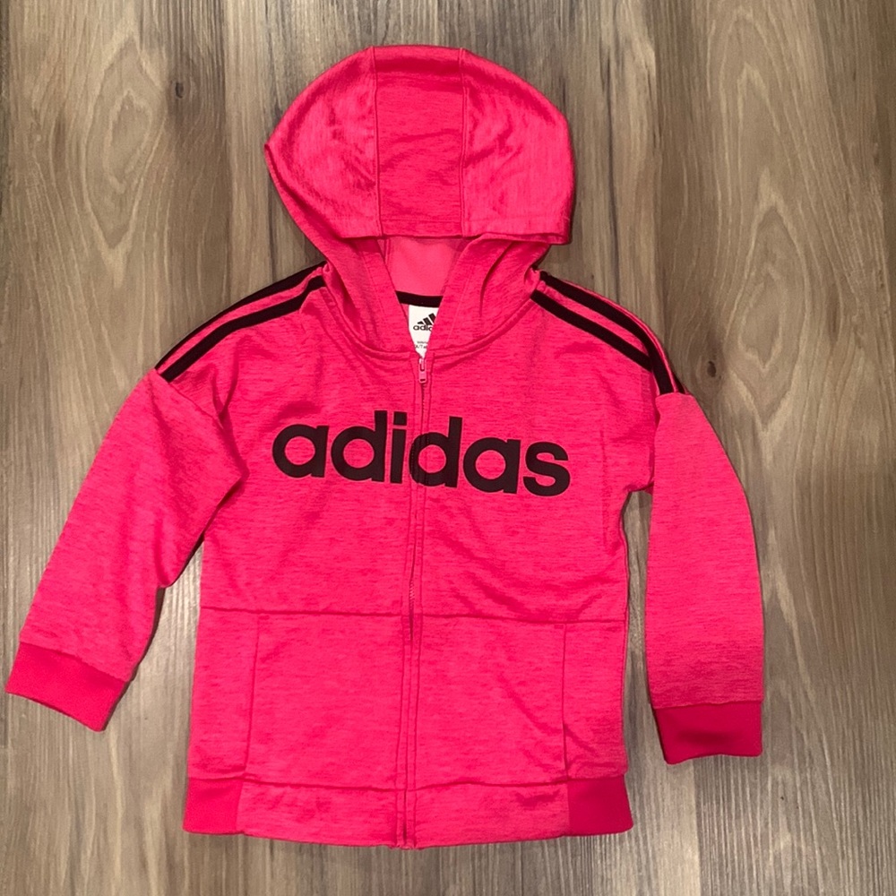 Adidas girls size 6X pink with a black logo zip up hoodie